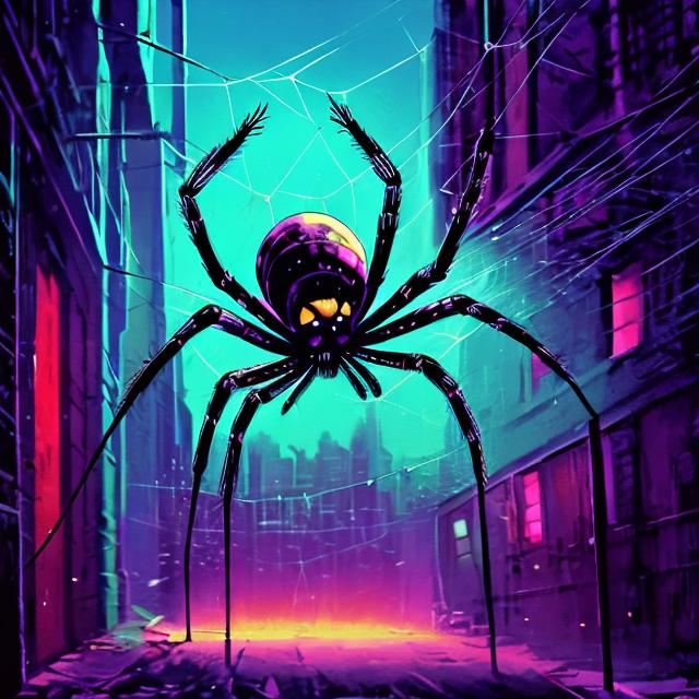 Prompt: retro futurism stlyled spider weaving its web in a darkened alley, dynamic pose, Comic style, heavily detailed, concept art, unique universe, Primary color hues, magical world, bright uplifting tones, dynamic lighting, 
