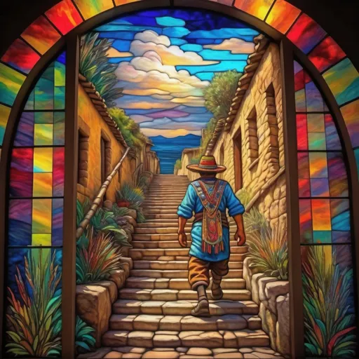 Prompt: Monet style painting of an aztec resident walking up a stone stair case, villagers gather around it, ultra detailed, magical world, primary color hues, bright uplifting tones, dynamic lighting, misc-nostalgic, monet styled, fluffy clouds, professional, ultra detailed