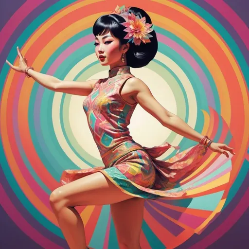 Prompt: Full color illustration, An asian dancer, in the style of 60s kitsch and psychedelia, sharp lighting, highest quality, ultra sharp, ffffound, ultra detailed, magical universe, Dynamic pose, bright and uplifting color hues, misc-geometric