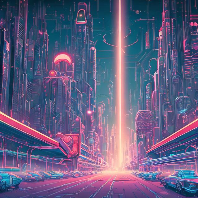 Prompt: a lighting bolt flashing in a retro futurism styled city skyline, Comic style, heavily detailed, concept art, unique universe, neon color hues, magical world, bright uplifting tones, dynamic lighting,

