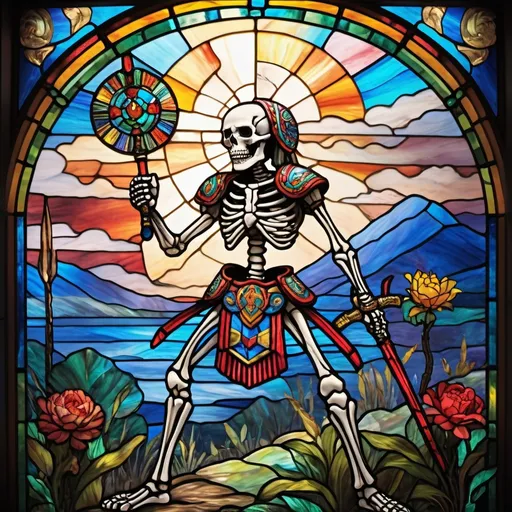 Prompt: stained glass, Monet style, an aztec skeleton warrior fighting a scorpion, vibrant face, villagers around, dynamic pose,  ultra detailed, stained glass, 4 k, magical world, primary color hues, bright uplifting tones, dynamic lighting, misc-nostalgic, fluffy clouds, professional, ultra detailed