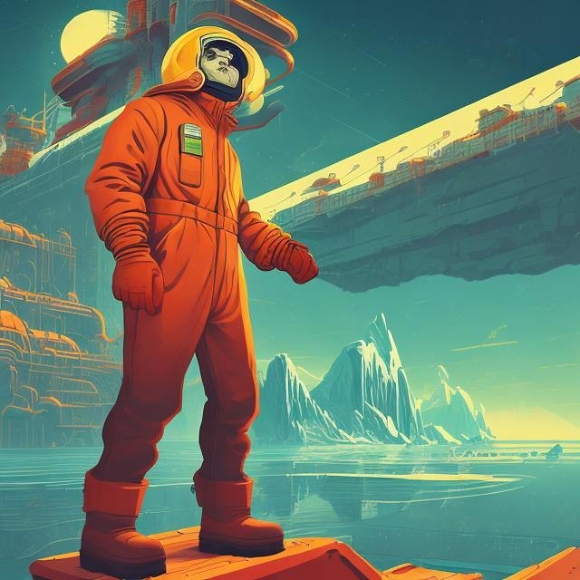 Prompt: retro futurism styled factory worker on a lonely iceberg, Comic style, heavily detailed, concept art, unique universe, bathed in sunlight, Primary color hues, magical world, bright uplifting tones, dynamic lighting