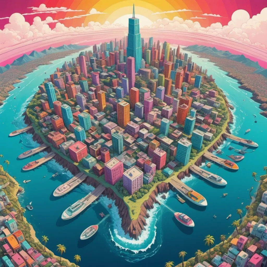 Prompt: Full color illustration, a mega city on an island from an aerial view, in the style of 60s kitsch and psychedelia, sharp lighting, highest quality, ultra sharp, ffffound, ultra detailed, magical universe, Dynamic pose, bright and uplifting color hues, misc-geometric