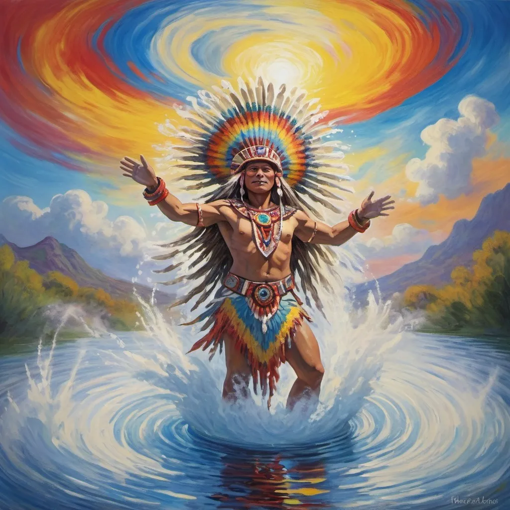 Prompt: Monet-style painting of a dynamic aztec sacred spirit coming out of a whirlpool, magical world, bright and uplifting primary color hues, fluffy clouds, dynamic lighting, ultra-detailed, professional, misc-nostalgic, Monet-styled