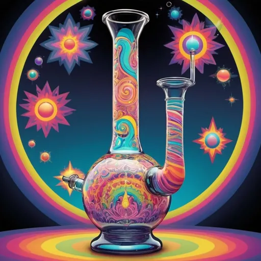 Prompt: Full color illustration, a psychedelic glass bong, in the style of 60s kitsch and psychedelia, full body, sharp lighting, highest quality, ultra sharp, ffffound, ultra detailed, magical universe, Dynamic pose, bright and uplifting color hues, misc-geometric