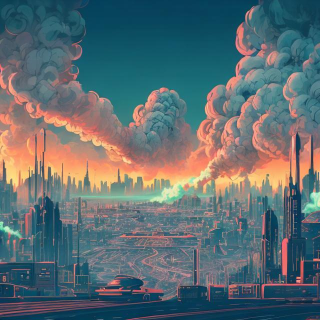 Prompt: a plume of smoke in the distance of a retro futurism styled city skyline, Comic style, retro futurism, heavily detailed, concept art, unique universe, neon color hues, magical world, bright uplifting tones, dynamic lighting,

