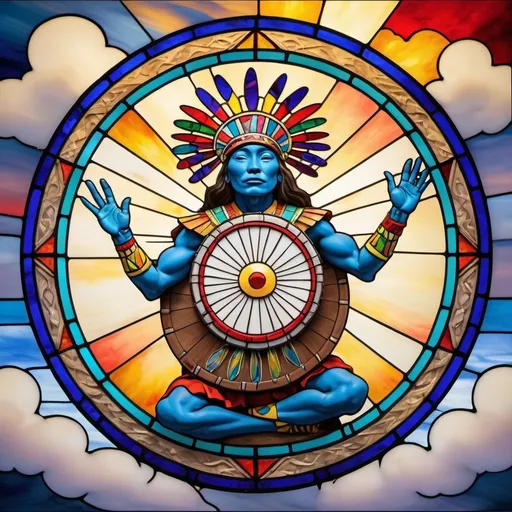 Prompt: stained glass, Monet-style, a dynamic aztec sacred spirit playing a hand drum, dynamic pose, magical world, bright and uplifting primary color hues, fluffy clouds, dynamic lighting, ultra-detailed, professional, misc-nostalgic, Monet-styled