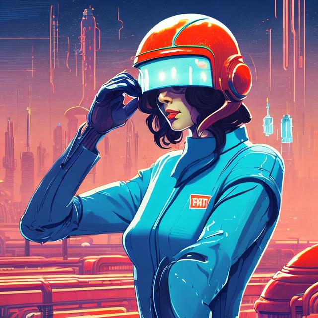 Prompt: retro futurism factory worker removing their helmet, long flowing hair pours out of the helmet revealing a beautiful woman, Comic style, heavily detailed, concept art, unique universe, Primary color hues, magical world, city skyline, bright uplifting tones, dynamic lighting