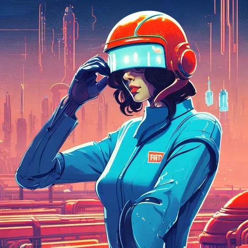 Prompt: retro futurism factory worker removing their helmet, long flowing hair pours out of the helmet revealing a beautiful woman, Comic style, heavily detailed, concept art, unique universe, Primary color hues, magical world, city skyline, bright uplifting tones, dynamic lighting