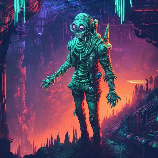 Prompt: Retro futurism styled Zombie in a underground cavern, heavily detailed, unique universe, concept art, primary color hues, magical world, bright uplifting tones, dynamic lighting, professional, highres, ultra-detailed, retro-futurism, comic style, dynamic lighting, unique concept, misc-grunge, detailed feathers, atmospheric clouds, urban setting