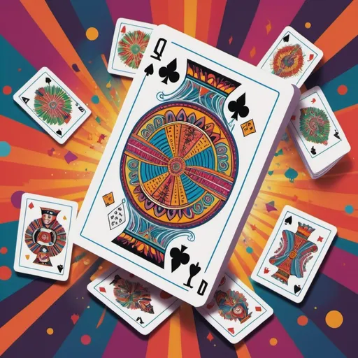 Prompt: Full color illustration, A pack of playing cards twirling and falling down, style of 60s kitsch and psychedelia, sharp lighting, highest quality, ultra sharp, ffffound, ultra detailed, magical universe, Dynamic pose, bright and uplifting color hues, misc-geometric