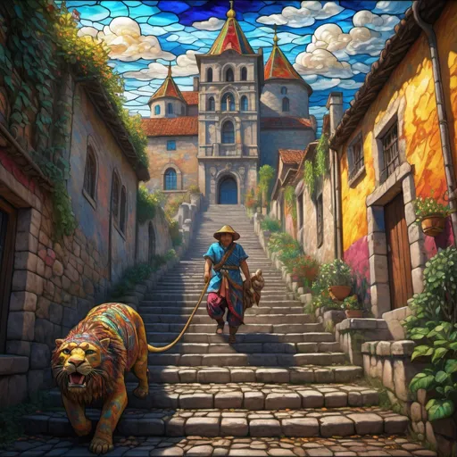 Prompt: stained glass, Monet style, an aztec resident dragging a beast up cobblestone stairs, vibrant face, villagers around, dynamic pose,  ultra detailed, stained glass, 4 k, magical world, primary color hues, bright uplifting tones, dynamic lighting, misc-nostalgic, fluffy clouds, professional, ultra detailed