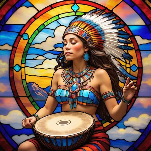 Prompt: stained glass, Monet-style, a dynamic aztec female sacred spirit playing a hand drum, dynamic pose, magical world, bright and uplifting primary color hues, fluffy clouds, dynamic lighting, ultra-detailed, professional, misc-nostalgic, Monet-styled