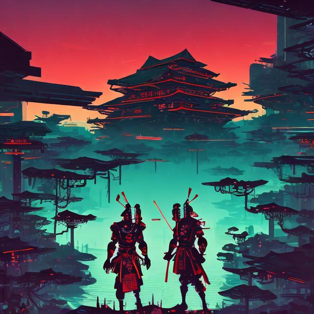 Prompt: Retro futurism styled samurai master and fallen enemies, retro-futurism world, Comic style, misc-grunge, heavily detailed, unique universe, concept art, primary color hues, magical world, bright uplifting tones, dynamic lighting, professional, highres, ultra-detailed, retro-futurism, comic style, dynamic lighting, unique concept, misc-grunge, detailed feathers, atmospheric clouds, urban setting