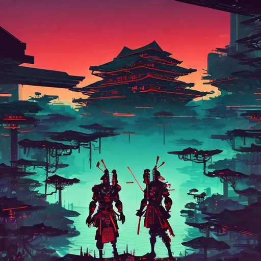 Prompt: Retro futurism styled samurai master and fallen enemies, retro-futurism world, Comic style, misc-grunge, heavily detailed, unique universe, concept art, primary color hues, magical world, bright uplifting tones, dynamic lighting, professional, highres, ultra-detailed, retro-futurism, comic style, dynamic lighting, unique concept, misc-grunge, detailed feathers, atmospheric clouds, urban setting