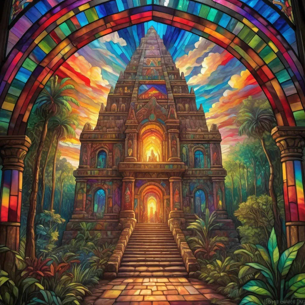 Prompt: Monet style painting of an aztec styled temple surrounded by a lush forest, villagers gather around it, ultra detailed, magical world, primary color hues, bright uplifting tones, dynamic lighting, misc-nostalgic, monet styled, fluffy clouds, professional, ultra detailed