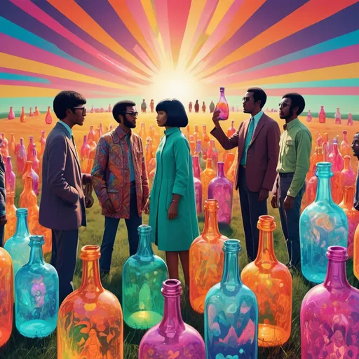 Prompt: Full color illustration, A group of multi cultural people in a field of giant psychedelic glass bottles, style of 60s kitsch and psychedelia, sharp lighting, highest quality, ultra sharp, ffffound, ultra detailed, magical universe, Dynamic pose, bright and uplifting color hues, misc-geometric