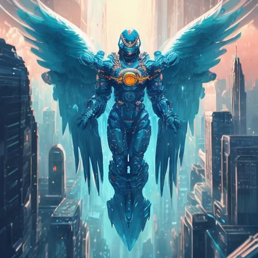 Prompt: retro futurism styled angels flying around skyscrapers, behind the shoulder view, dynamic pose, heavy blizzard, Comic style, heavily detailed, concept art, unique universe, Primary color hues, magical world, bright uplifting tones, dynamic lighting
