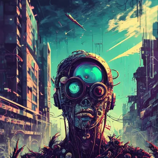 Prompt: Retro futurism styled Zombie fragile like glass, heavily detailed, unique universe, concept art, primary color hues, magical world, bright uplifting tones, dynamic lighting, professional, highres, ultra-detailed, retro-futurism, comic style, dynamic lighting, unique concept, misc-grunge, detailed feathers, atmospheric clouds, urban setting