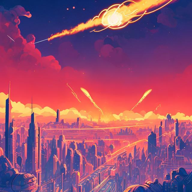 Prompt: a meteor lighting up the sky in a retro futurism styled city skyline, dynamic pose, Comic style, heavily detailed, concept art, unique universe, Primary color hues, magical world, bright uplifting tones, dynamic lighting, snowing heavily

