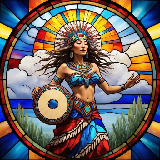 Prompt: stained glass, Monet-style, a dynamic aztec female sacred spirit playing a hand drum, dynamic pose, magical world, bright and uplifting primary color hues, fluffy clouds, dynamic lighting, ultra-detailed, professional, misc-nostalgic, Monet-styled