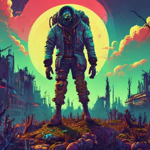 Prompt: Retro futurism styled Zombie living in the earth, heavily detailed, unique universe, concept art, primary color hues, magical world, bright uplifting tones, dynamic lighting, professional, highres, ultra-detailed, retro-futurism, comic style, dynamic lighting, unique concept, misc-grunge, detailed feathers, atmospheric clouds, urban setting