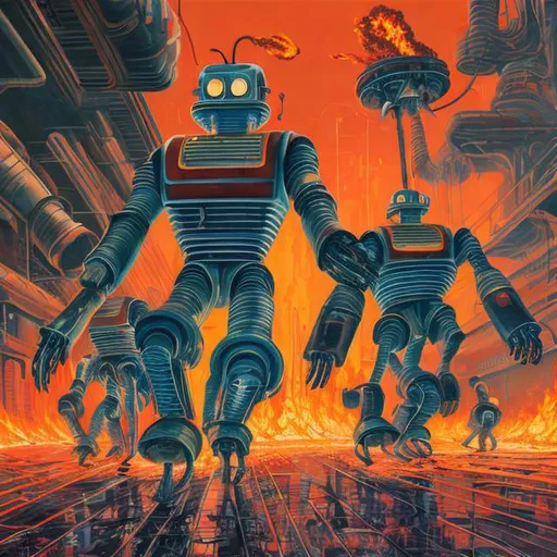 Prompt: a painting of a retro futurism factory worker arriving to find a burning robot, A hand rips through the painting reaching toward the viewer, overhead view, Comic style, heavily detailed, concept art, unique universe, Primary color hues, magical world, well groomed hair, bright uplifting tones, dynamic lighting, geometric shapes
