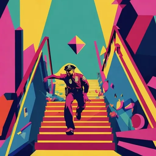 Prompt: Full color illustration, a police officer tripping down a set of stairs, in the style of 60s kitsch and psychedelia, sharp lighting, highest quality, ultra sharp, ffffound, ultra detailed, magical universe, Dynamic pose, bright and uplifting color hues, misc-geometric