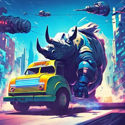 Prompt: retro futurism styled rhino charging through a food truck, flying food, dynamic pose, Comic style, heavily detailed, concept art, unique universe, Primary color hues, magical world, bright uplifting tones, dynamic lighting, 
