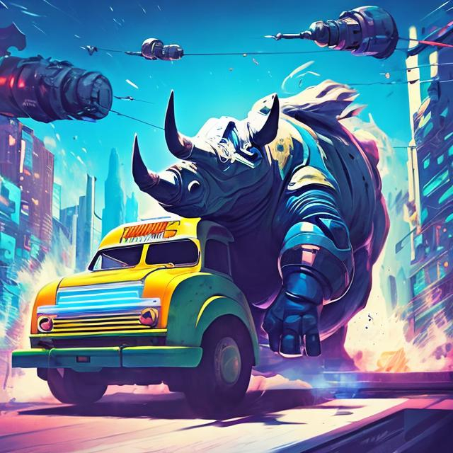 Prompt: retro futurism styled rhino charging through a food truck, flying food, dynamic pose, Comic style, heavily detailed, concept art, unique universe, Primary color hues, magical world, bright uplifting tones, dynamic lighting, 
