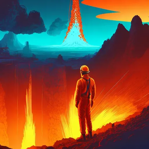 Prompt: retro futurism styled factory worker looking down into an active volcano, heavily detailed, concept art, unique universe, Primary color hues, magical world, bright uplifting tones, dynamic lighting