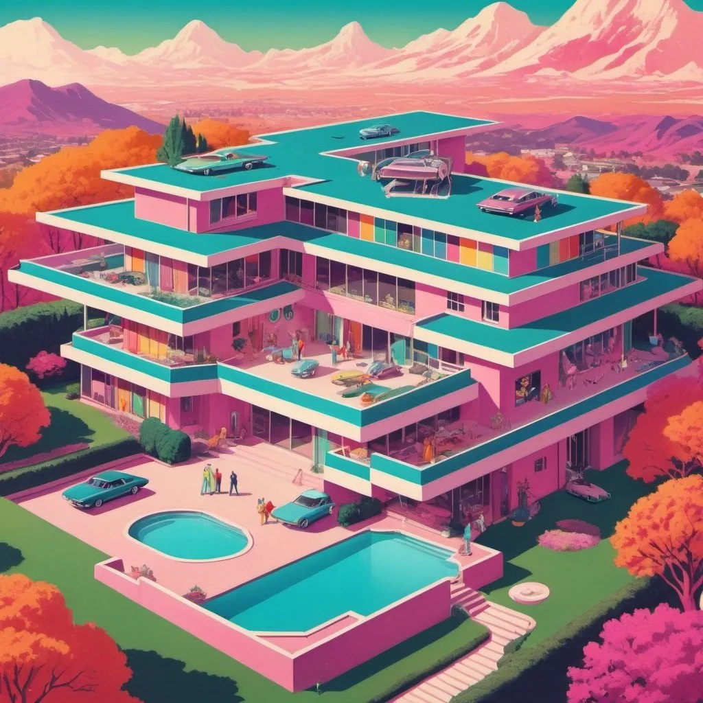 Prompt: Full color illustration, a mega mansion with garages and guests homes from an aerial view, in the style of 60s kitsch and psychedelia, sharp lighting, highest quality, ultra sharp, ffffound, ultra detailed, magical universe, Dynamic pose, bright and uplifting color hues, misc-geometric