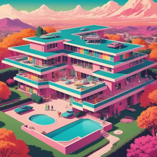 Prompt: Full color illustration, a mega mansion with garages and guests homes from an aerial view, in the style of 60s kitsch and psychedelia, sharp lighting, highest quality, ultra sharp, ffffound, ultra detailed, magical universe, Dynamic pose, bright and uplifting color hues, misc-geometric