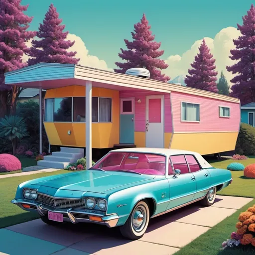 Prompt: Full color illustration, a mobile home with a fancy car in the driveway, in the style of 60s kitsch and psychedelia, sharp lighting, highest quality, ultra sharp, ffffound, ultra detailed, magical universe, Dynamic pose, bright and uplifting color hues, misc-geometric
