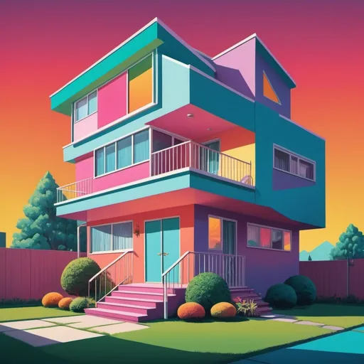Prompt: Full color illustration, a two story house in a suburb, in the style of 60s kitsch and psychedelia, sharp lighting, highest quality, ultra sharp, ffffound, ultra detailed, magical universe, Dynamic pose, bright and uplifting color hues, misc-geometric