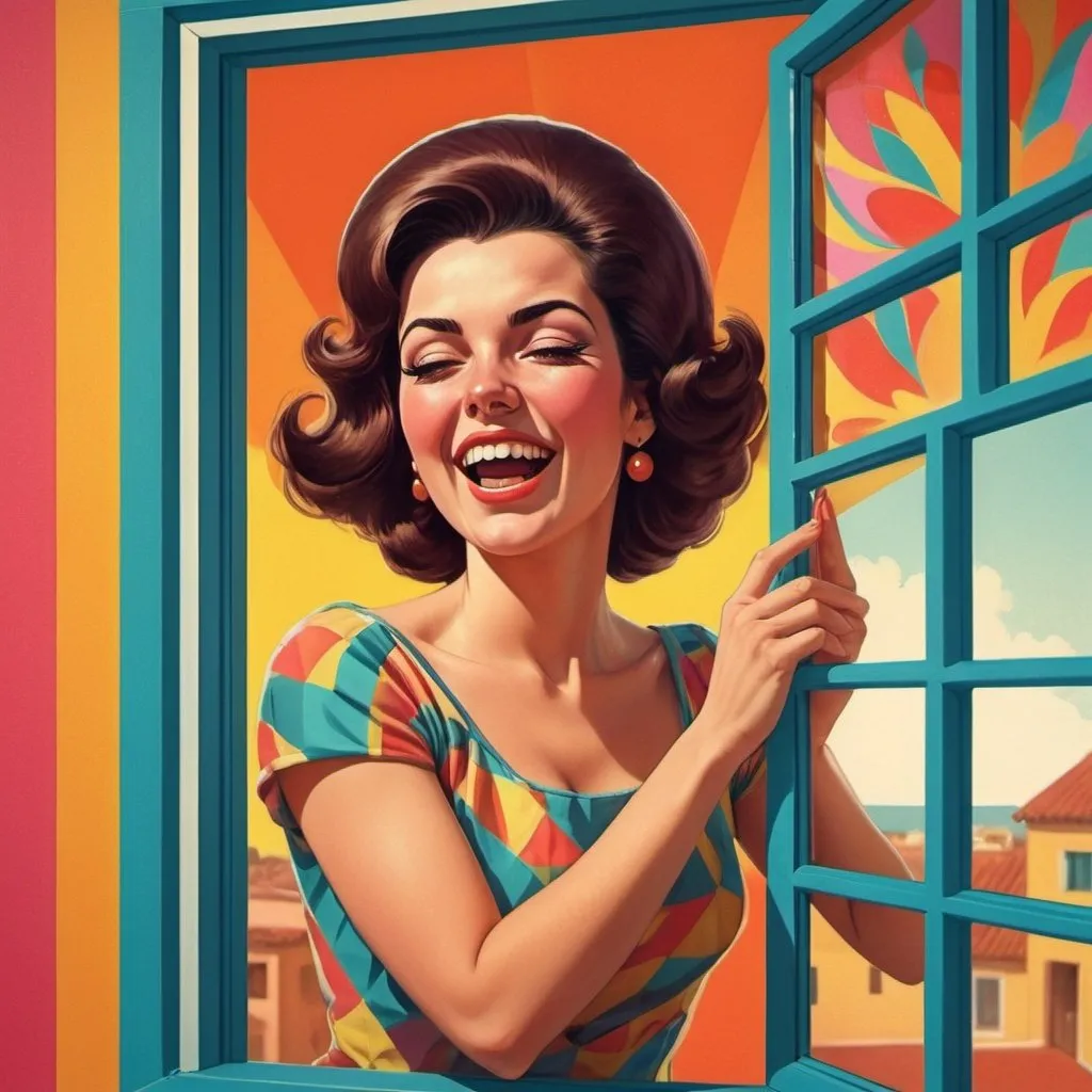 Prompt: Full color illustration, A spanish woman winking out a window, in the style of 60s kitsch and psychedelia, full body, sharp lighting, highest quality, ultra sharp, ffffound, ultra detailed, magical universe, Dynamic pose, bright and uplifting color hues, misc-geometric