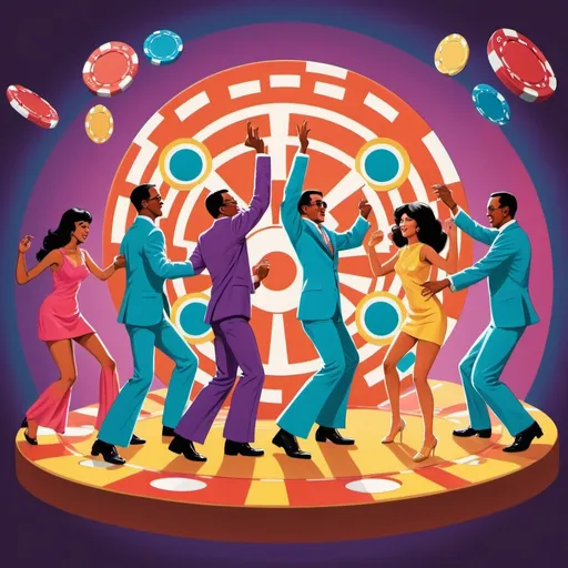 Prompt: Full color illustration, A group of multi cultural people dancing around towers of giant poker chips, style of 60s kitsch and psychedelia, sharp lighting, highest quality, ultra sharp, ffffound, ultra detailed, magical universe, Dynamic pose, bright and uplifting color hues, misc-geometric