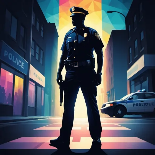 Prompt: Full color illustration, a silhouette of a police officer on a street corner, full body, sharp lighting, highest quality, ultra sharp, ffffound, ultra detailed, magical universe, Dynamic pose, bright and uplifting color hues, misc-geometric
