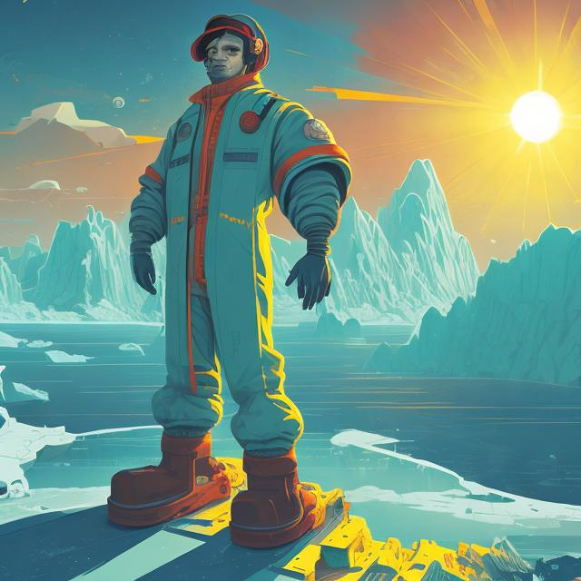 Prompt: retro futurism styled factory worker on a lonely iceberg, Comic style, heavily detailed, concept art, unique universe, bathed in sunlight, Primary color hues, magical world, bright uplifting tones, dynamic lighting