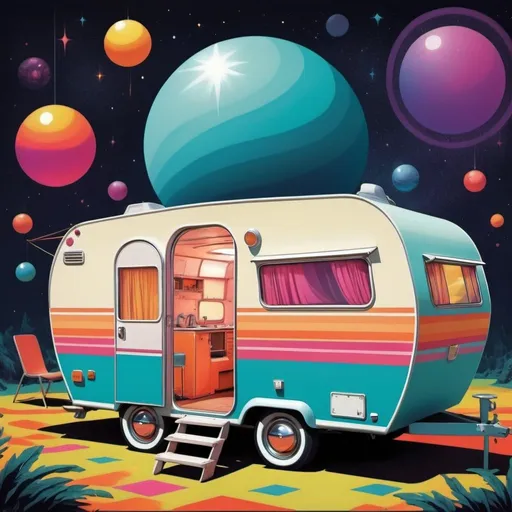Prompt: Full color illustration, a mobile camper, in the style of 60s kitsch and psychedelia, sharp lighting, highest quality, ultra sharp, ffffound, ultra detailed, magical universe, Dynamic pose, bright and uplifting color hues, misc-geometric