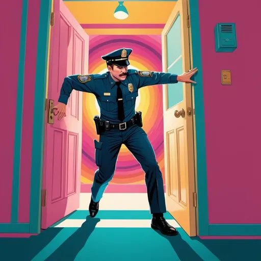 Prompt: Full color illustration, a police officer kicking down a door, in the style of 60s kitsch and psychedelia, sharp lighting, highest quality, ultra sharp, ffffound, ultra detailed, magical universe, Dynamic pose, bright and uplifting color hues, misc-geometric