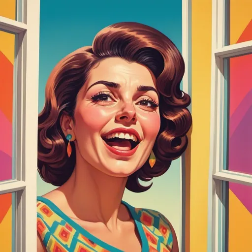 Prompt: Full color illustration, A spanish woman winking out a window, in the style of 60s kitsch and psychedelia, sharp lighting, highest quality, ultra sharp, ffffound, ultra detailed, magical universe, Dynamic pose, bright and uplifting color hues, misc-geometric
