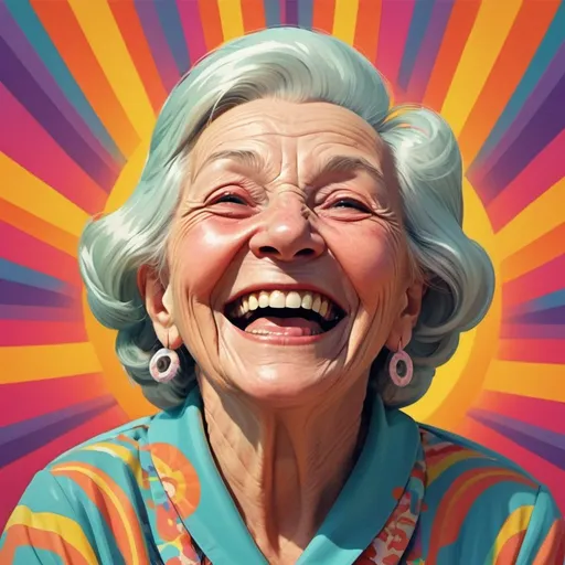 Prompt: Full color illustration, A laughing old woman, in the style of 60s kitsch and psychedelia, sharp lighting, highest quality, ultra sharp, ffffound, ultra detailed, magical universe, Dynamic pose, bright and uplifting color hues, misc-geometric