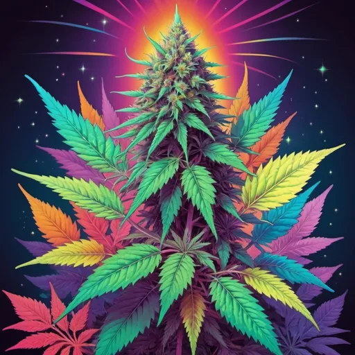 Prompt: Full color illustration, A psychedelic indica marijuana plant with glowing crystals on it, in the style of 60s kitsch and psychedelia, full body, sharp lighting, highest quality, ultra sharp, ffffound, ultra detailed, magical universe, Dynamic pose, bright and uplifting color hues, misc-geometric