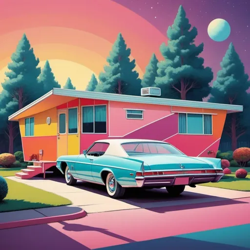 Prompt: Full color illustration, a mobile home with a fancy car in the driveway, in the style of 60s kitsch and psychedelia, sharp lighting, highest quality, ultra sharp, ffffound, ultra detailed, magical universe, Dynamic pose, bright and uplifting color hues, misc-geometric