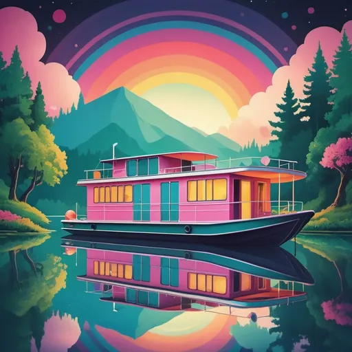 Prompt: Full color illustration, a house boat on a lake, in the style of 60s kitsch and psychedelia, sharp lighting, highest quality, ultra sharp, ffffound, ultra detailed, magical universe, Dynamic pose, bright and uplifting color hues, misc-geometric