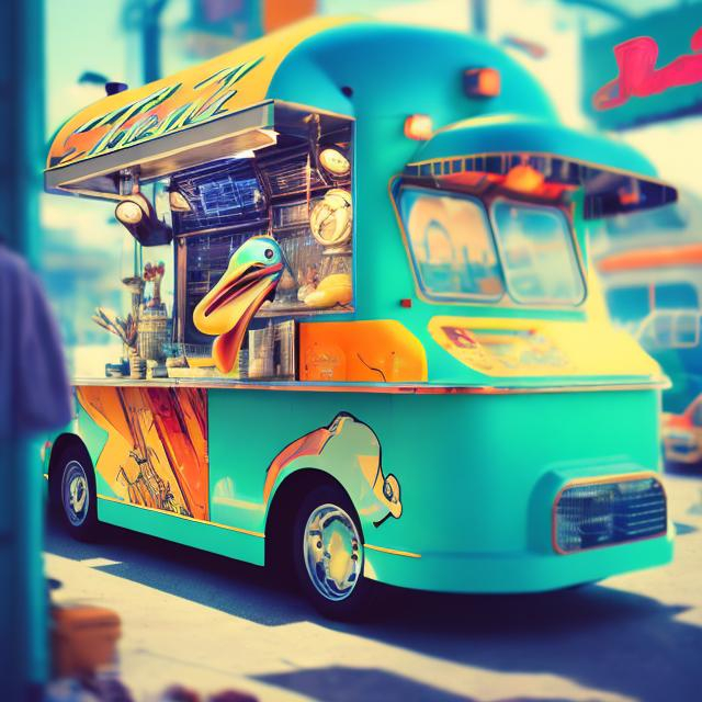 Prompt: retro futurism styled pelican working inside a food truck, speed blur around beak, dynamic pose, Comic style, heavily detailed, concept art, unique universe, Primary color hues, magical world, bright uplifting tones, dynamic lighting, 
