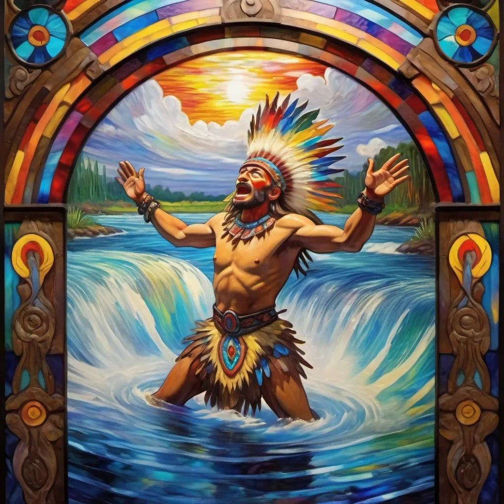 Prompt: Monet style painting of an aztec sacred spirit coming out of a rapid whirlpool, villagers gather around it, dynamic pose, ultra detailed, magical world, primary color hues, bright uplifting tones, dynamic lighting, misc-nostalgic, monet styled, fluffy clouds, professional, ultra detailed