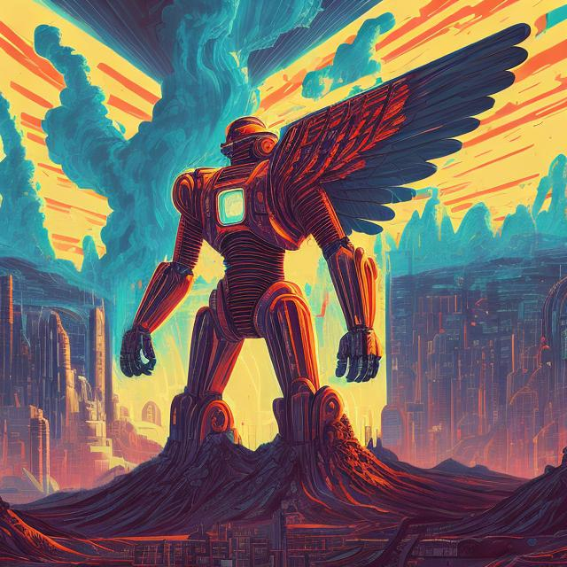 Prompt: Retro futurism styled robot angel, erupting volcano, retro-futurism city skyline, Comic style, misc-grunge, heavily detailed, unique universe, concept art, primary color hues, magical world, bright uplifting tones, dynamic lighting, professional, highres, ultra-detailed, retro-futurism, comic style, dynamic lighting, unique concept, misc-grunge, detailed feathers, atmospheric clouds, urban setting