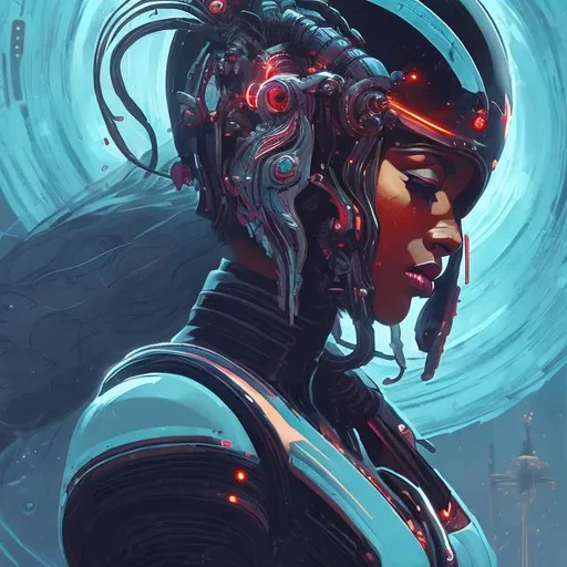 Prompt: retro futurism ebony angel removing their helmet, long flowing hair pours out of the helmet revealing a beautiful woman, Comic style, heavily detailed, concept art, unique universe, Primary color hues, magical world, city skyline, bright uplifting tones, dynamic lighting